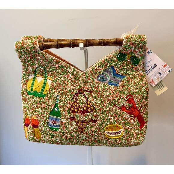 New Release Beach Themed Beaded Bag with Wooden Handles